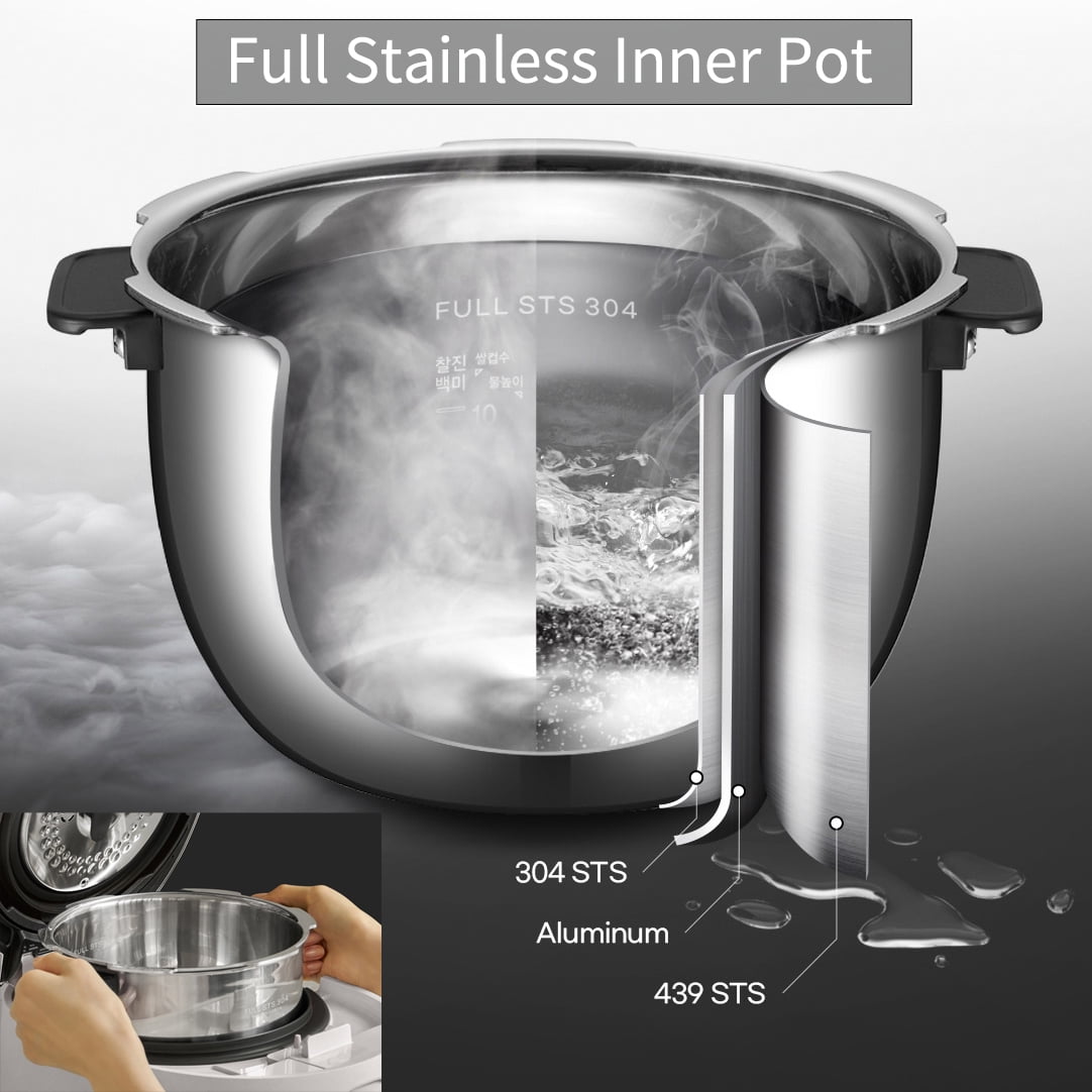 CUCHEN Dual Pressure Rice Cooker 6-Cup Stainless Steel, White - Built-In Timer