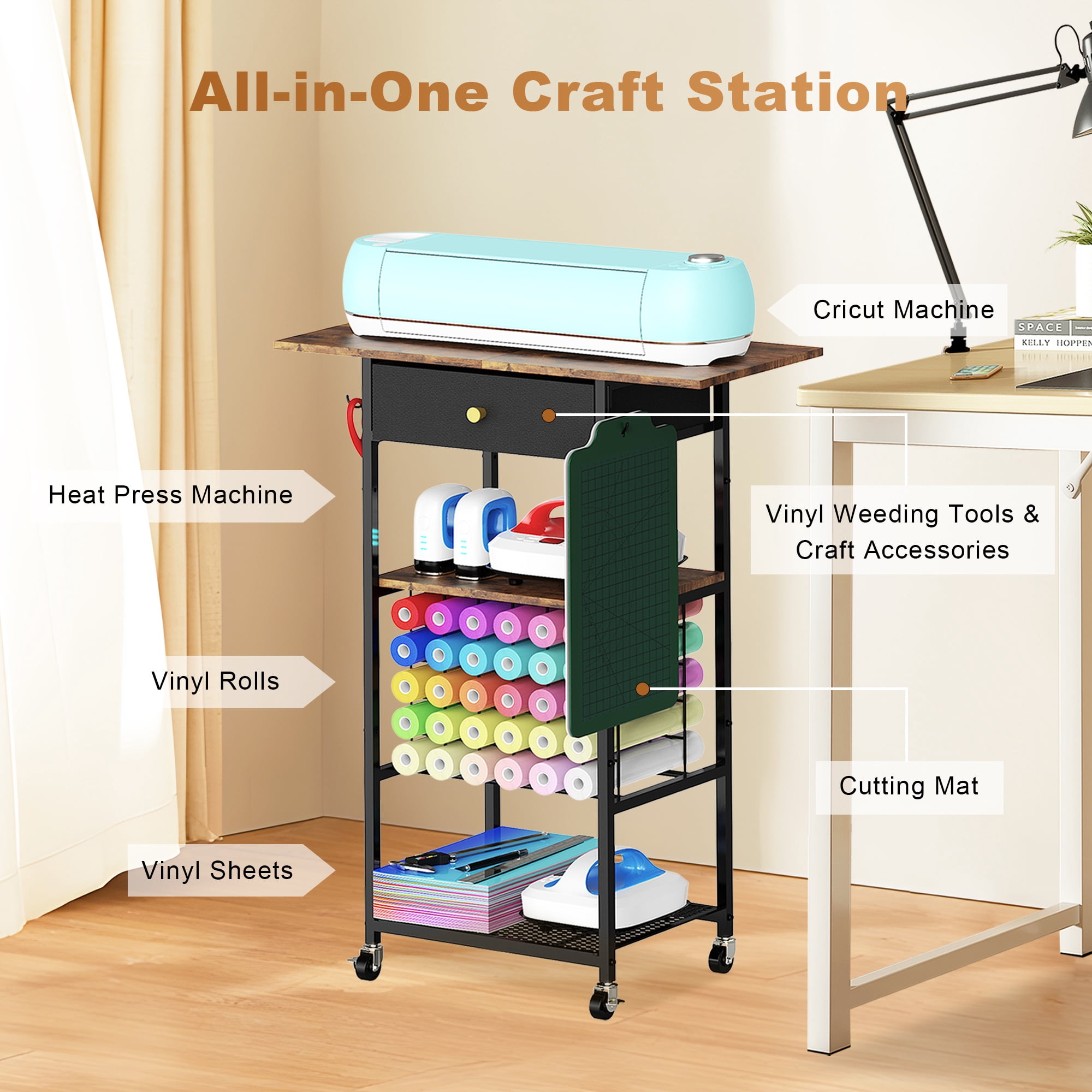 Rolling Craft Storage Table with 30 Vinyl Roll Holder and Drawer, Craft Storage Organizer Compatible with Cricut Machine, Mobile Craft Storage Cabinet Workstation for Craft Room Home (Black)