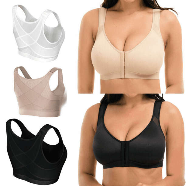 Women's Post-Surgical Front Close Sports Bra with Wide Back Support Black Nude 