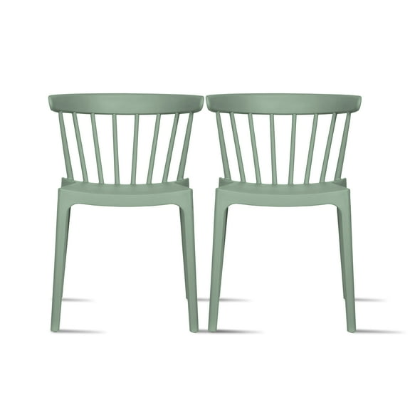 2xhome Set of 2 Stackable Patio Chairs | Spindle Slat Back | Weather Resistant Molded Plastic | Lightweight Space Saving Elbow Design for Dining, Kitchen, Indoor, Outdoor, Green