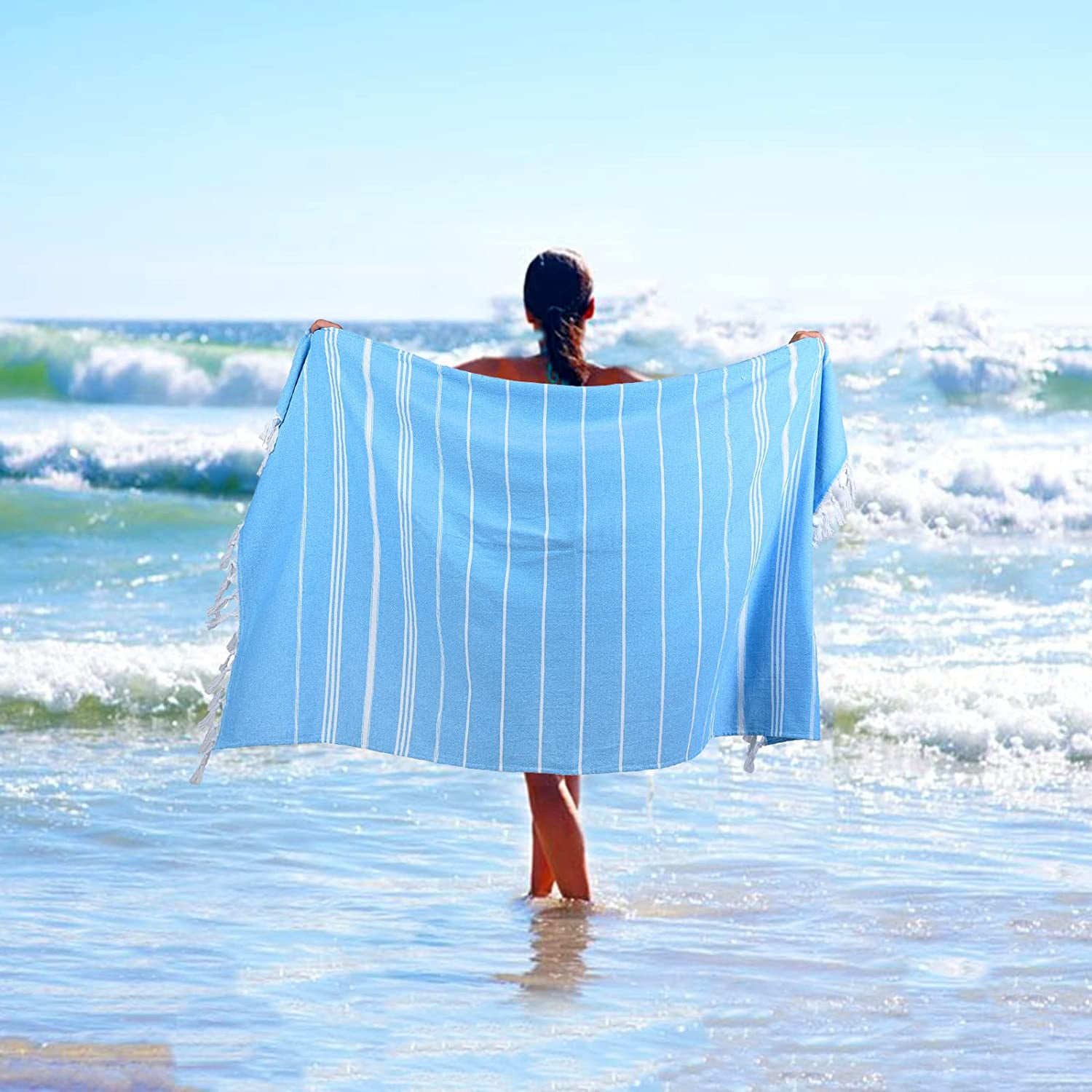 Turkish Beach Towel 100 Organic Cotton Absorbent and Quick Drying Bath Towel Oversized Gym Yoga Spa Pool Travel Sand Free Beach Blanket 39 x 71 light blue stripes Walmart