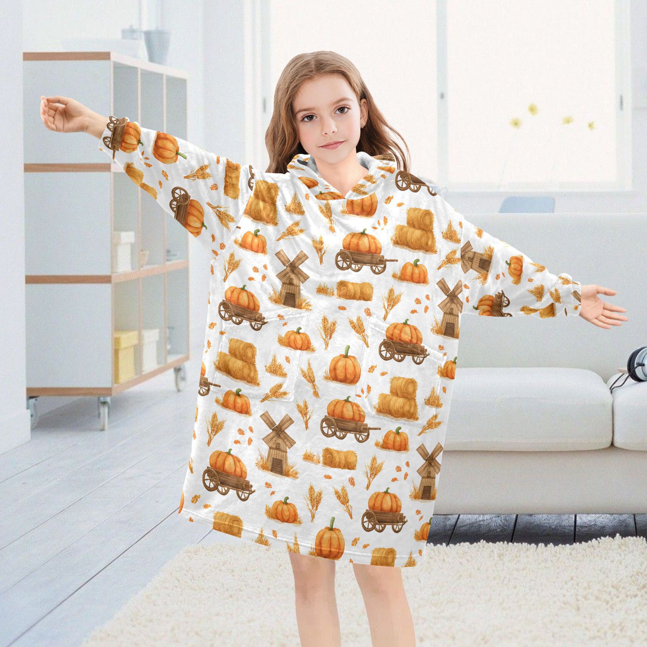 Wearable Blanket Hoodie for Kids Pumpkin Wheat Flannel Hooded Blanket with Pockets and Sleeves Suitable for Boys and Girls