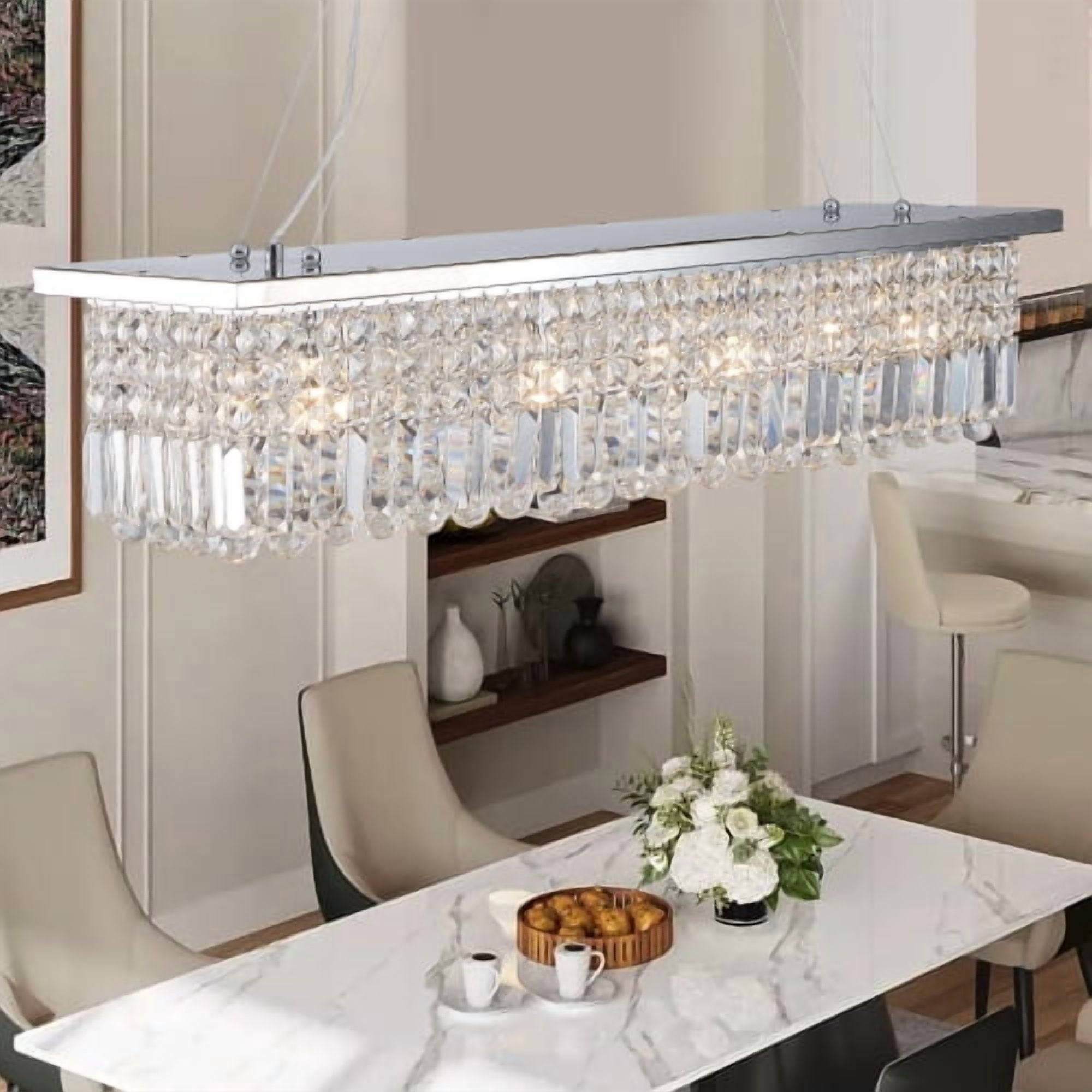 ACE-LIGHTS,Modern Crystal Chandelier,8-Light Chrome Rectangle Raindrop Chandelier(Bulb Not Included),Contemporary Rectangular Pendant Light Fixture for Living Room,Dining Room,Kitchen,Bedroom(Chrome)