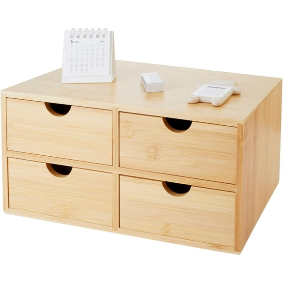 Bamboo Desk Organizer 4 Drawers, Countertop Organizer with Drawers Makeup Storage Drawer 4 Drawers Tabletop Storage Organization Box Home Office Workspace