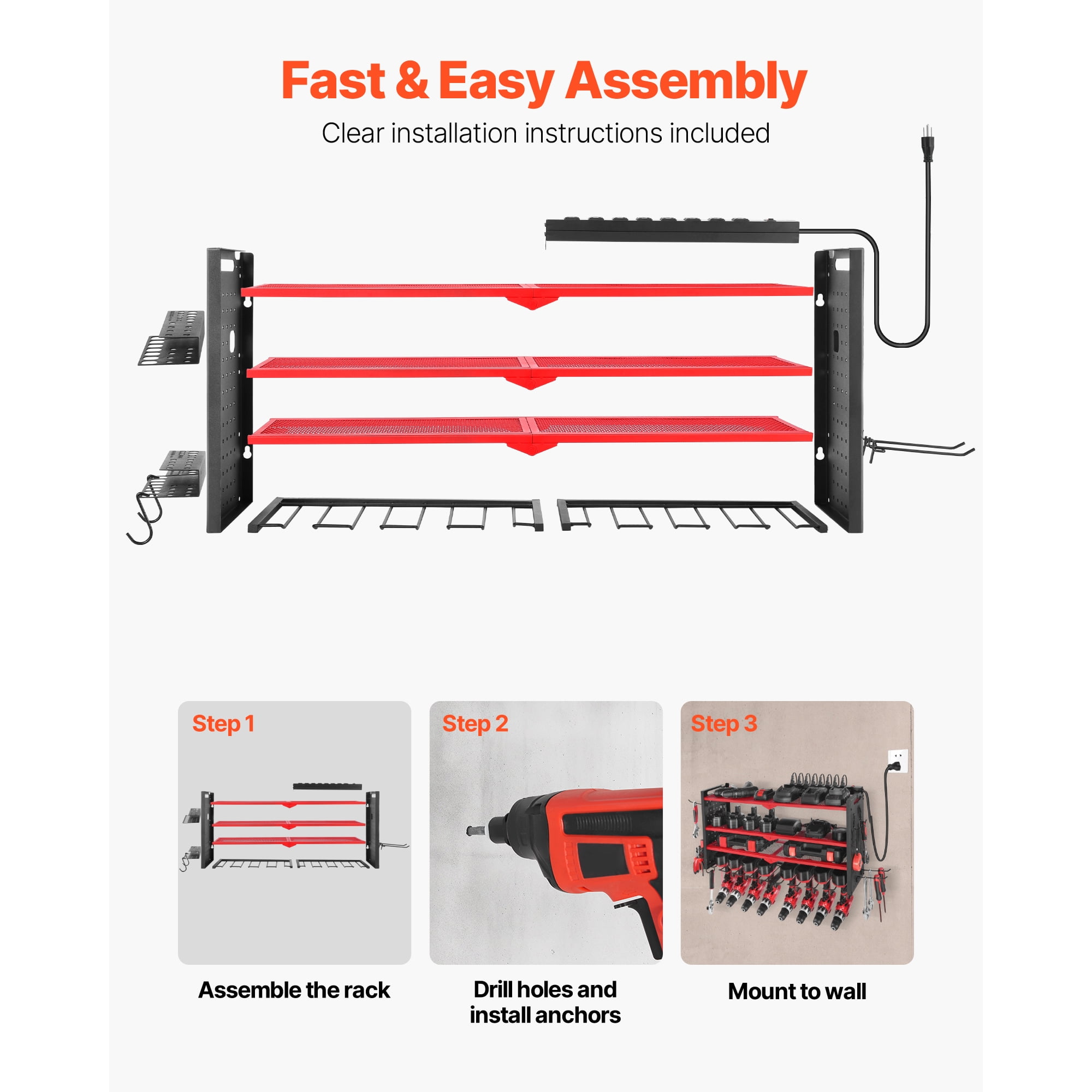 KFFKFF 4-Layer Power Tool Organizer with Charging Station, Drill Storage Rack with 8 Slots & Side Pegboard, Garage Organizer with Built-in 8-Outlet Power Strip for Workbench, Workshop, and Garage