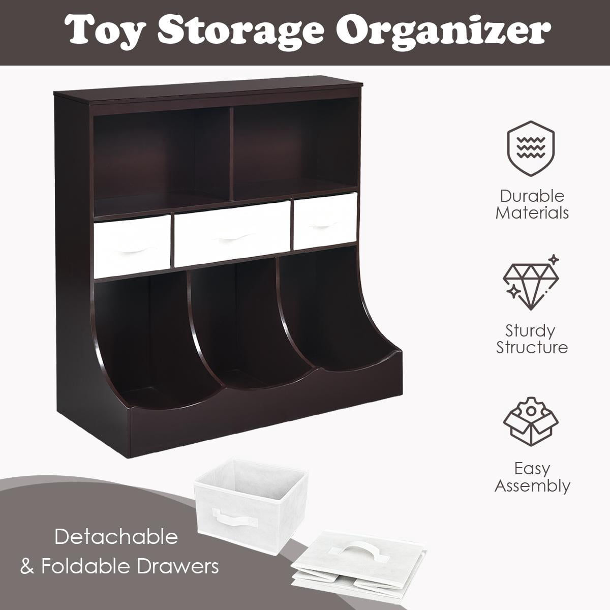 Giantex 3-Tier Kids Bookcase Toddler Storage Organizer Cabinet Shelf w/8 Compartment Box &  Removable Drawers for Children, Espresso