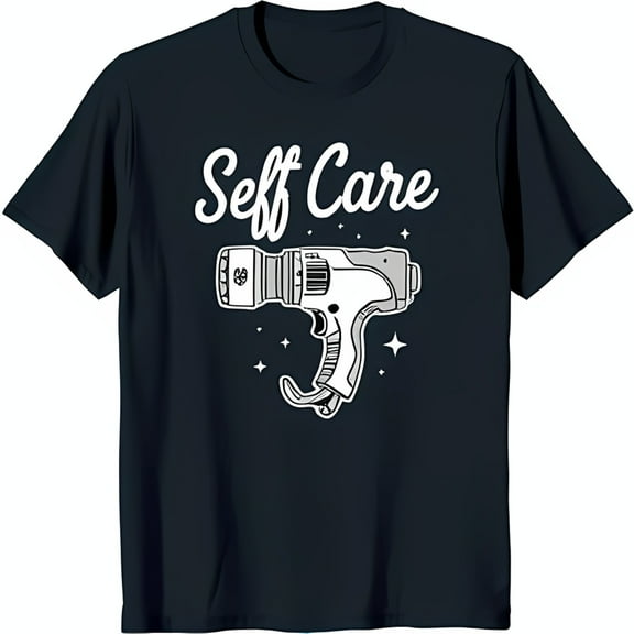 Stylish Black T-Shirt with 'Self Care' Graphic & Futuristic Design