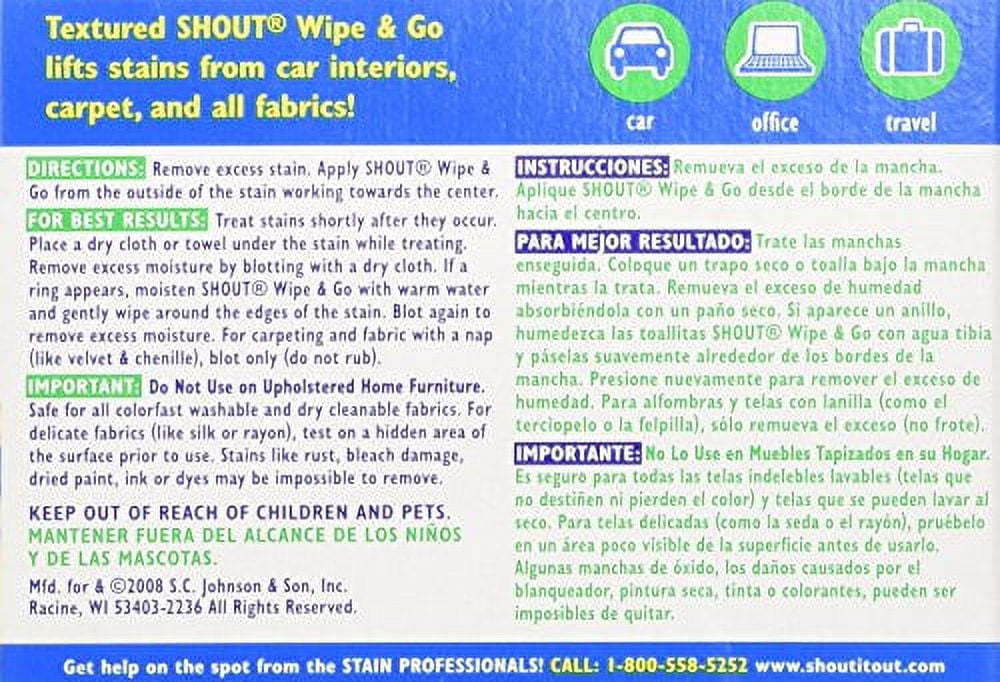 SC Johnson 02246 Shout Instant Stain Remover Wipes - 12 - Walmart.com
