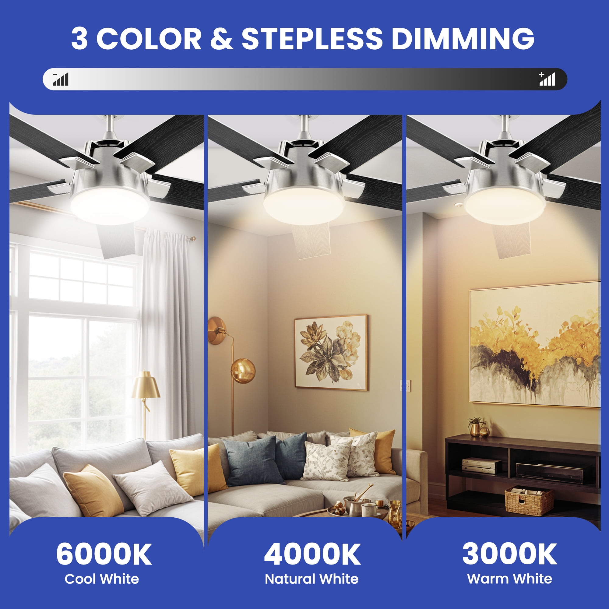 ModFusion 52in Modern Black & Silver Ceiling Fan, 6 Speeds, Quiet Air Reversible Motor, Dimmable LED