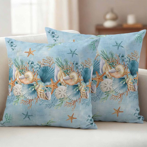Beach Coastal Blue Waterproof Outdoor Throw Pillow Covers 20"x20" Pack 2, Pillow Cases Throw Cushion Cover with Zipper, Nautical Shell Starfish Coral Summer Washable Pillowcase for Poolside Sofa