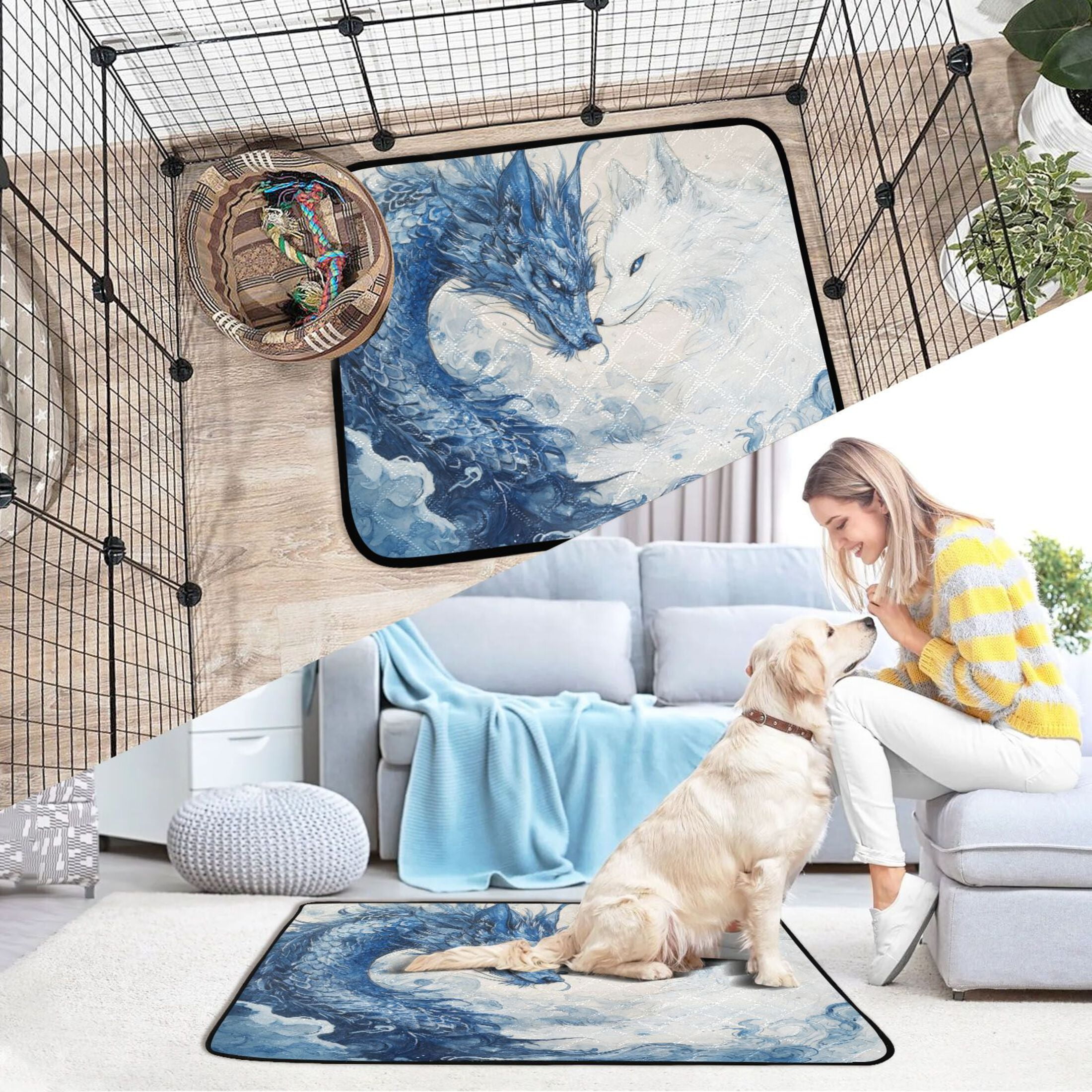 Qxltty Blue Dragon and White Fox Cat litter Pads Pet Set of 3 Diaper Mats Center Anti-leakage Layer Absorbent Soft and Comfortable