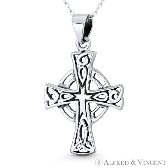 Celtic & Trinity Knot Irish Christian Cross 40x23mm (1.6x0.9in) Pendant & Chain Necklace in Oxidized .925 Sterling Silver