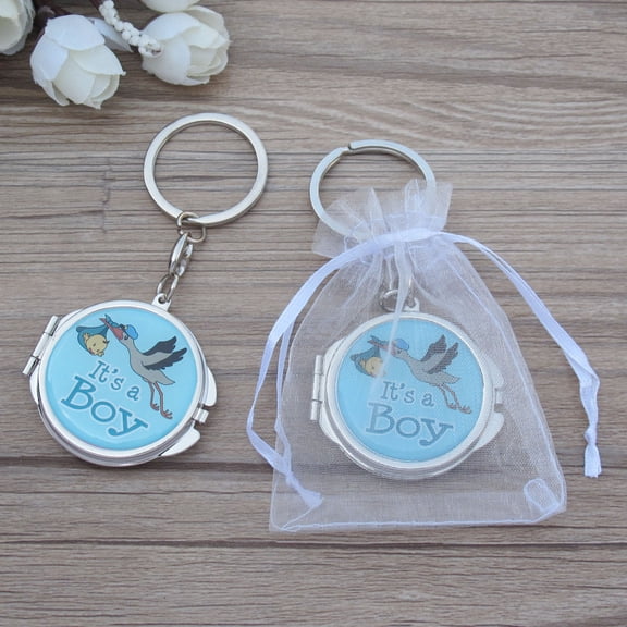 12 PCS Baby Shower Blue Boy Stork Design Mirror Keychain Party Favor Set With Organza Bag New Born Baby Boy JK195B