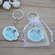 12 PCS Baby Shower Blue Boy Stork Design Mirror Keychain Party Favor Set With Organza Bag New Born Baby Boy JK195B