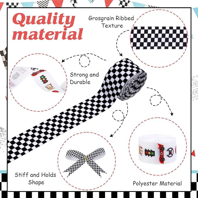 4 Rolls Red Racing Car Theme Ribbons, 20 Yards Craft Ribbons for Wreath Hair Bow Wrap Gifts, White Black Checkered Grosgrain Ribbons Birthday Wedding Gender Reveal Party Accessory Decorations