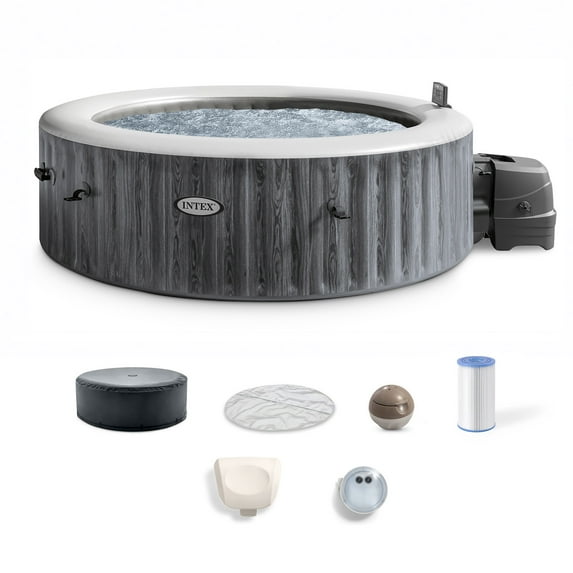 Open Box Intex PureSpa Greywood Deluxe Spa Set, 170 Bubble Jet Hot Tub, 85x28"