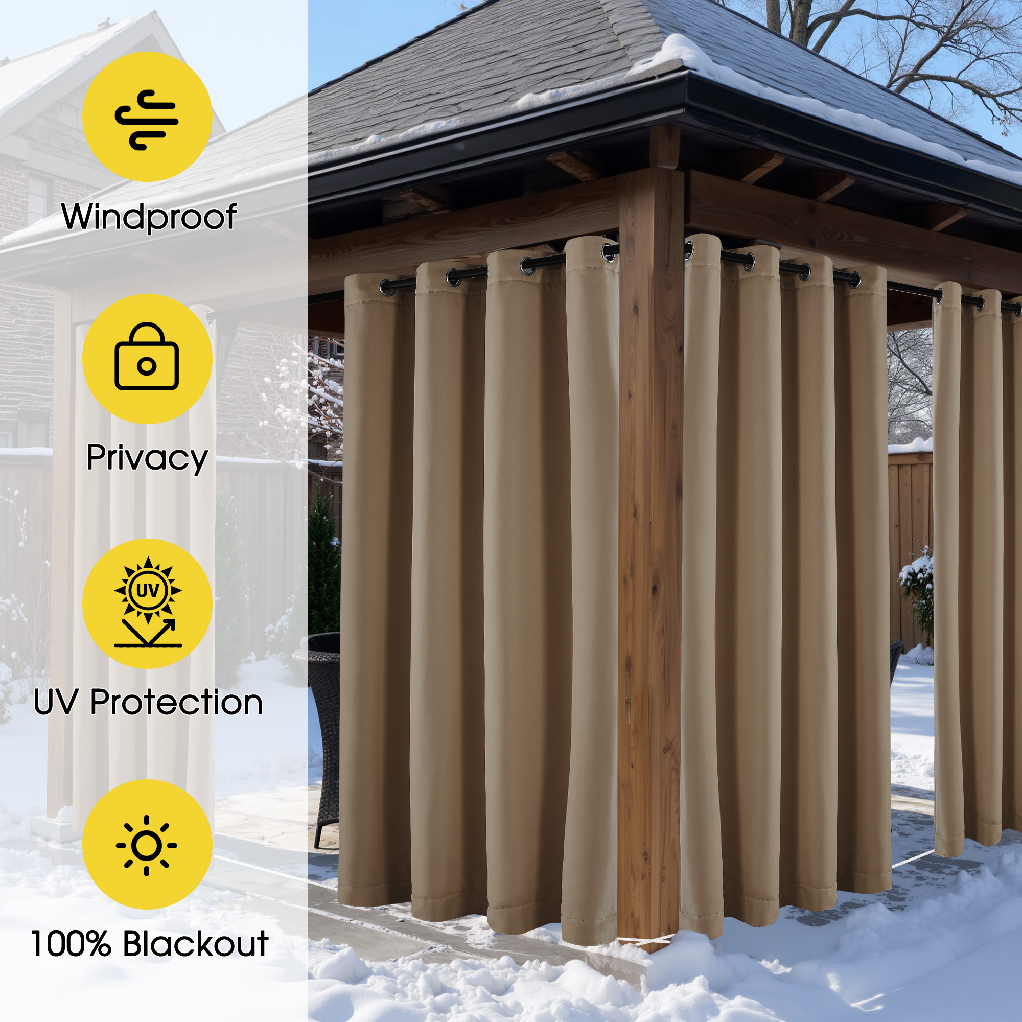 NICETOWN Outdoor Curtain Thermal Insulated Windproof for Winter, Top Grommet & Bottom Backtab Quilted Heavy Duty Cold Blocking Drapes, Tan, W52 x L96, 1 Panel