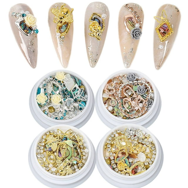 3D Nail Art Charms Rose Flower Gold Silver Metal Studs Nail Rhinestones Chain Shell Slices Nail Art Accessories 4 Box Mixed-style Nail Art Decoration(4pcs)
