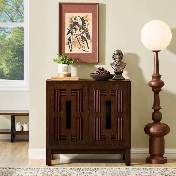 FFZ 31.5" Mid Century Modern Sideboard Buffet with Carved Openwork Design, 2 Doors & Adjustable Shelf, Walnut