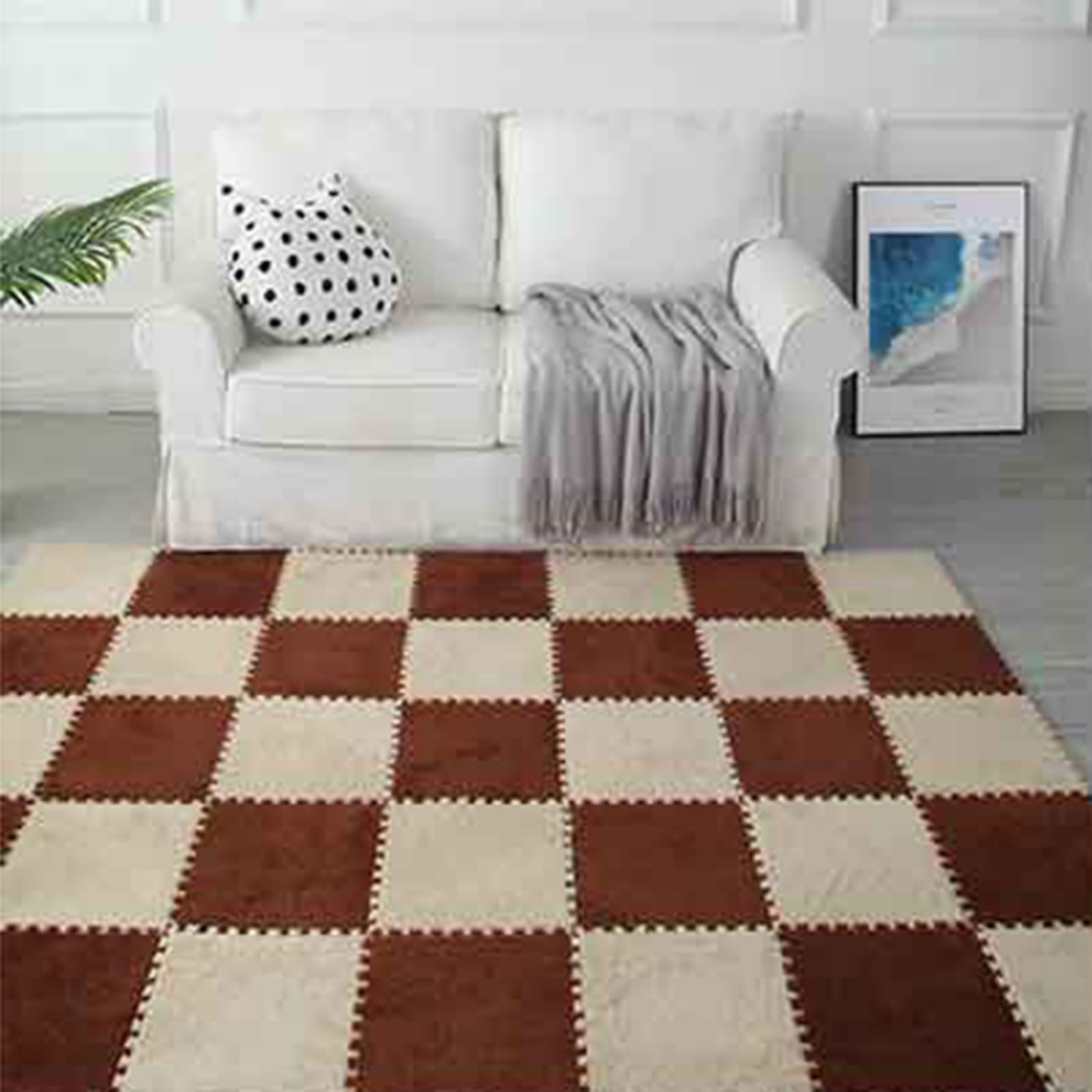 10PCS Plush Puzzle Foam Floor Mat for Kids- Thick Interlocking Fluffy Tiles with Border,Square Rug Split Joint Soft Climbing Carpet Mats Shaggy Area Rug for Room Floor-11.8 Inch