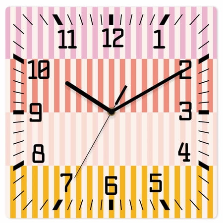 Colorful Stripe Wooden Wall Clock Silent Non Ticking, Modern Pink Red Yellow Vertical Striped Square Wall Clocks Battery Operated, Decor Clock for Home Office, Living Room, Kitchen, 12 Inch