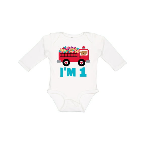 Inktastic 1st Birthday Fire Truck Boys or Girls Long Sleeve Baby Bodysuit