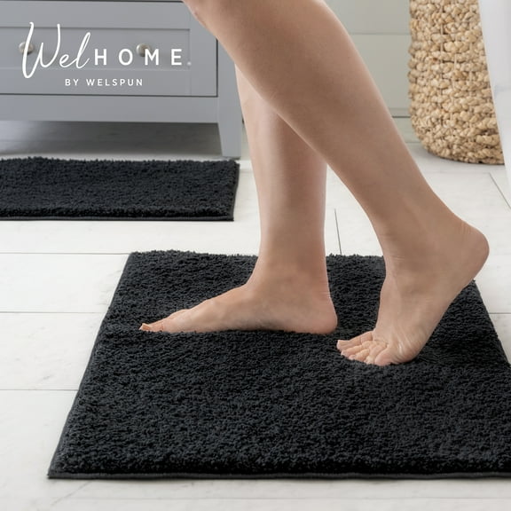 WelHome 2 Piece Recycled Polyester Bathroom Rugs Set, 17x24 & 20x32 Inches, Non-Slip Performance Bath Mats For Bathroom Floor, Easy to Clean, Black