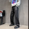 thumbnail image 3 of Men's Patchwork Checkerboard Straight Leg Jeans, Loose Wide Leg Denim Pants Casual Streetwear Trousers, 3 of 5