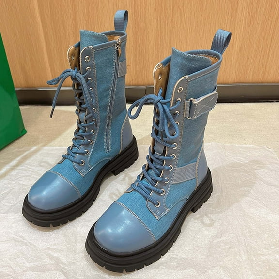 CALAFEBILA Womens Fall Shoes Blue Winter Splicing Boots Chunky Heel Middle-Heels Round-Toe Side Zipper Boots