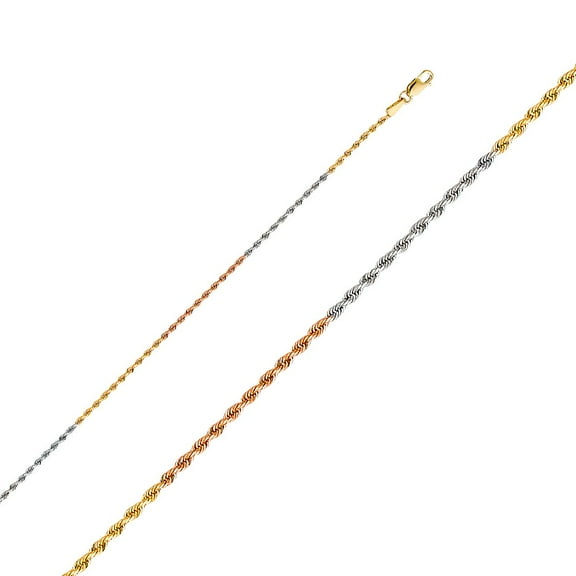 Precious Stars Genuine 14k Tri-tone Gold 1.5mm Solid Rope Chain Necklace for Men and Women - Perfect for Pendants - Available in 16" 18" 20" 22" 24"