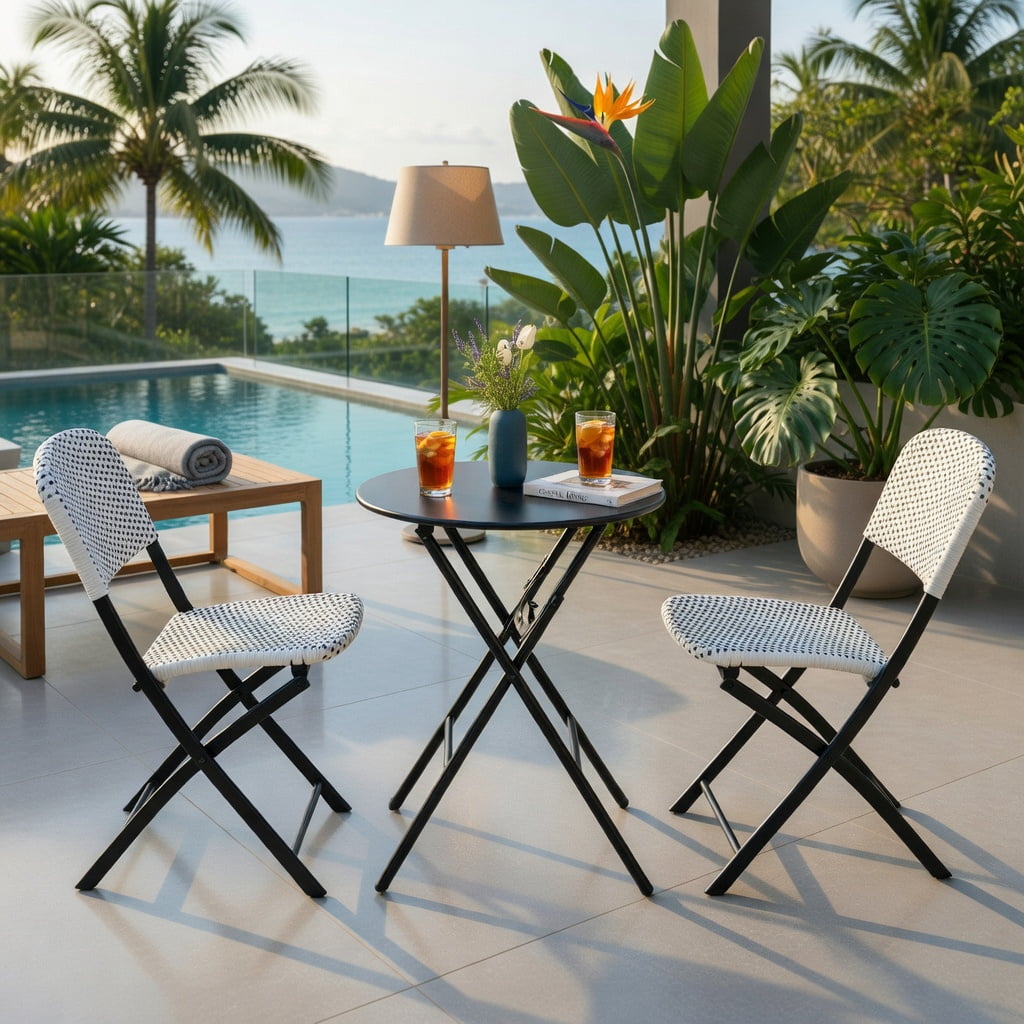 Hommoo 3-Piece Outdoor Rattan Bistro Set, Foldable Round Patio Table & 2 Ergonomic Chairs, PE Wicker on Steel Frame, for Deck, Balcony & Poolside, White and Black