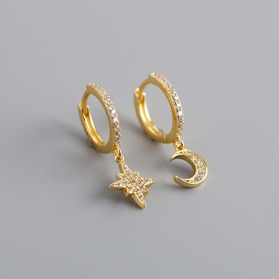 Mismatched Star Moon Hoop Earrings,Pave CZ Diamond Earrings, Gold, Silver, Huggie Earrings,Night Sky Dangle Earrings,Dainty Celestial Earrings Jewelry, Gift for her