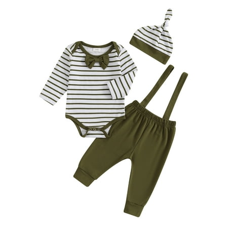 

Niceyoeuk Boy Gentleman Outfits Stripe Long Sleeve Romper Suspender Pants Hat