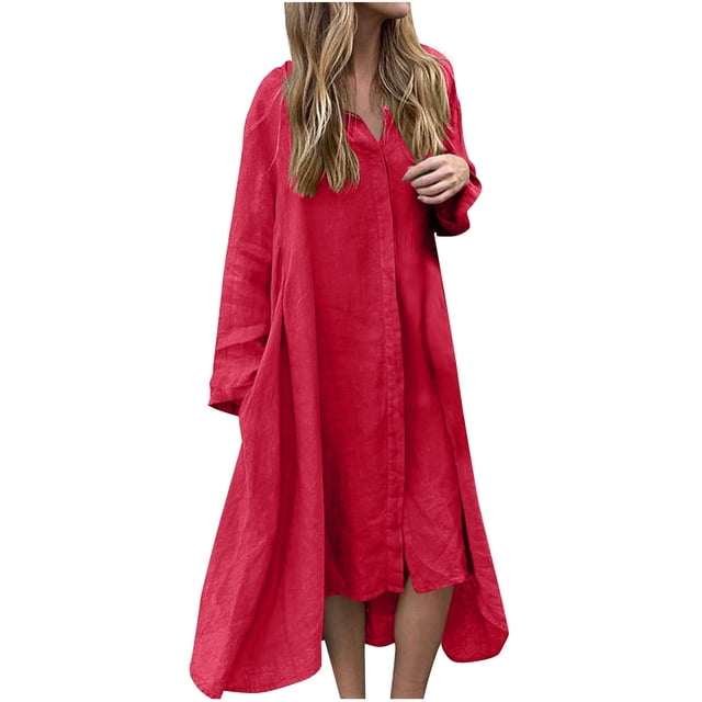 Robes d'Été en Lin pour Femmes, Manches Longues Retroussées, Robe Chemise Maxi Boutonnée, Décontractée, Couleur Unie, Col Rabattu, avec Poche, Rouge