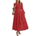 thumbnail image 2 of Busydd Women Dresses Solid Color Long Sleeve Wedding Guest Dresses for Women Casual V Neck Tunic Fall Dress Fashion Pleated Tiered Midi Dresses for Women XL, 2 of 9