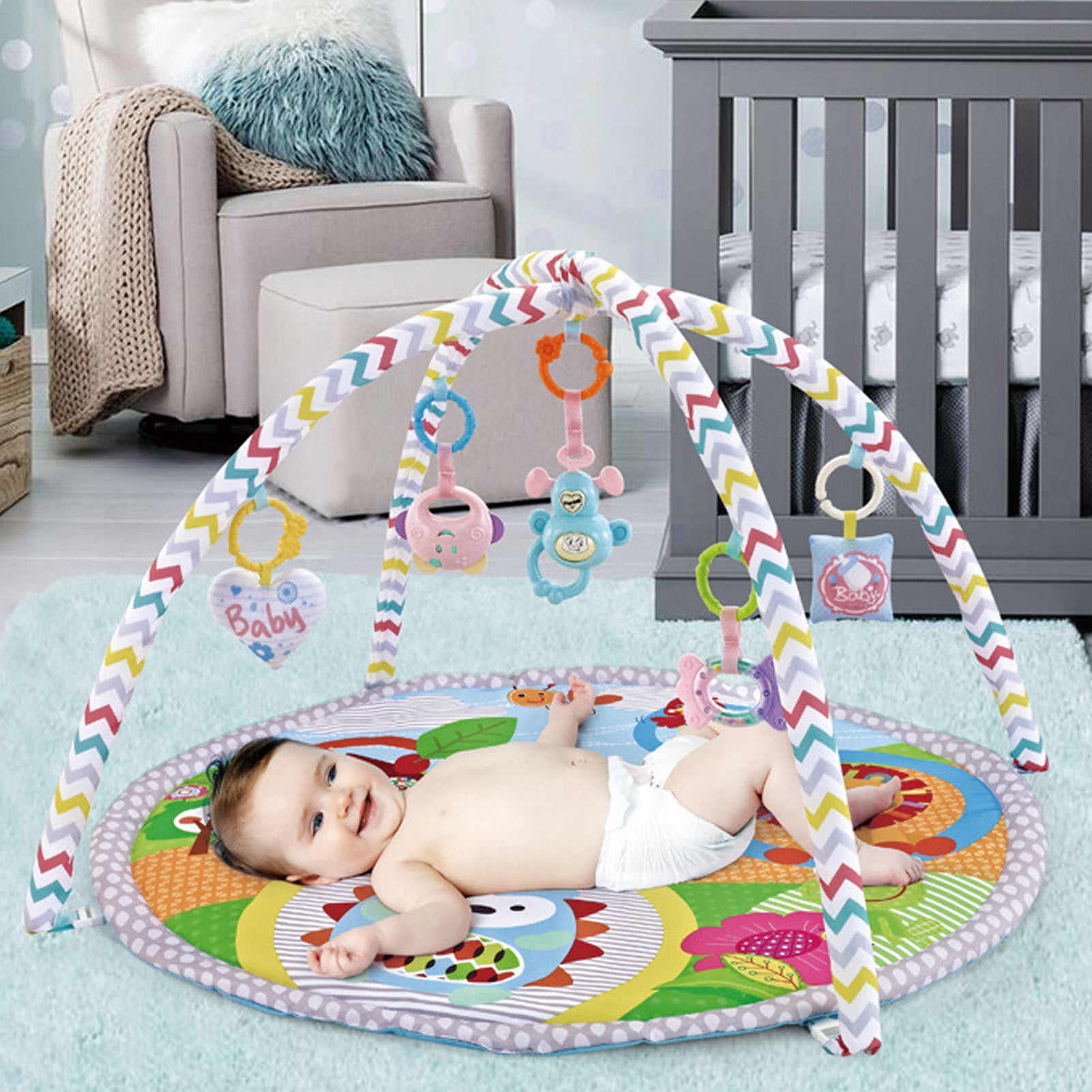 YAHHU Baby Play Gym Promote Motor Sensory Development Colorful Foldable Portable Activity Play Mat with Rattle Toys For Newborn Infant Baby 33.5 inches / 85 cm