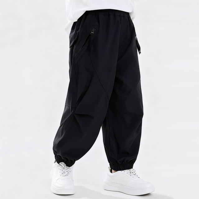 Pantalones largos para niños, de color liso, con cintura elástica y bolsillos, para adultos, informales y cómodos, de poliéster.