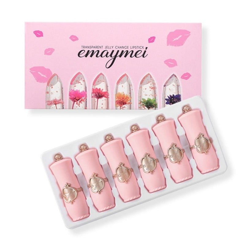 6 Packs Of Crystal Clear Flower Jelly Lip-stick Set Color Changing Lip-stick Long-Lasting Rich in Vitamin E