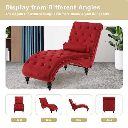 Velvet Chaise Lounge Indoor, Button-Tufted Upholstered Chaise Lounge Chair with Pillow for Bedroom Living Room Office Modern Backrest Leisure Recliner Sleep Sofa (Red)