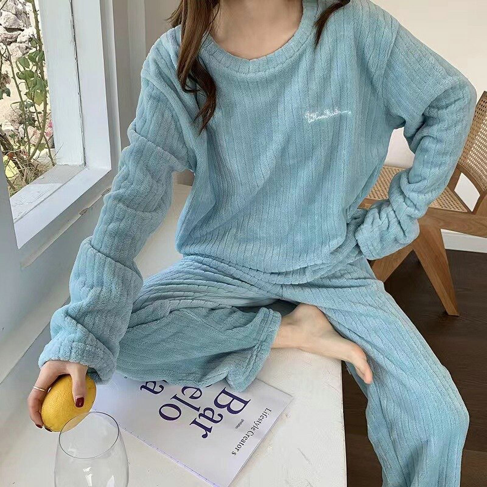 Beileda Solid Women Pajamas Set Winter Sleepwear Fleece Velvet 2 Piece Pant Home Suit Fluffy Korean Cute Pajama Warm Sleep Night Wear Other