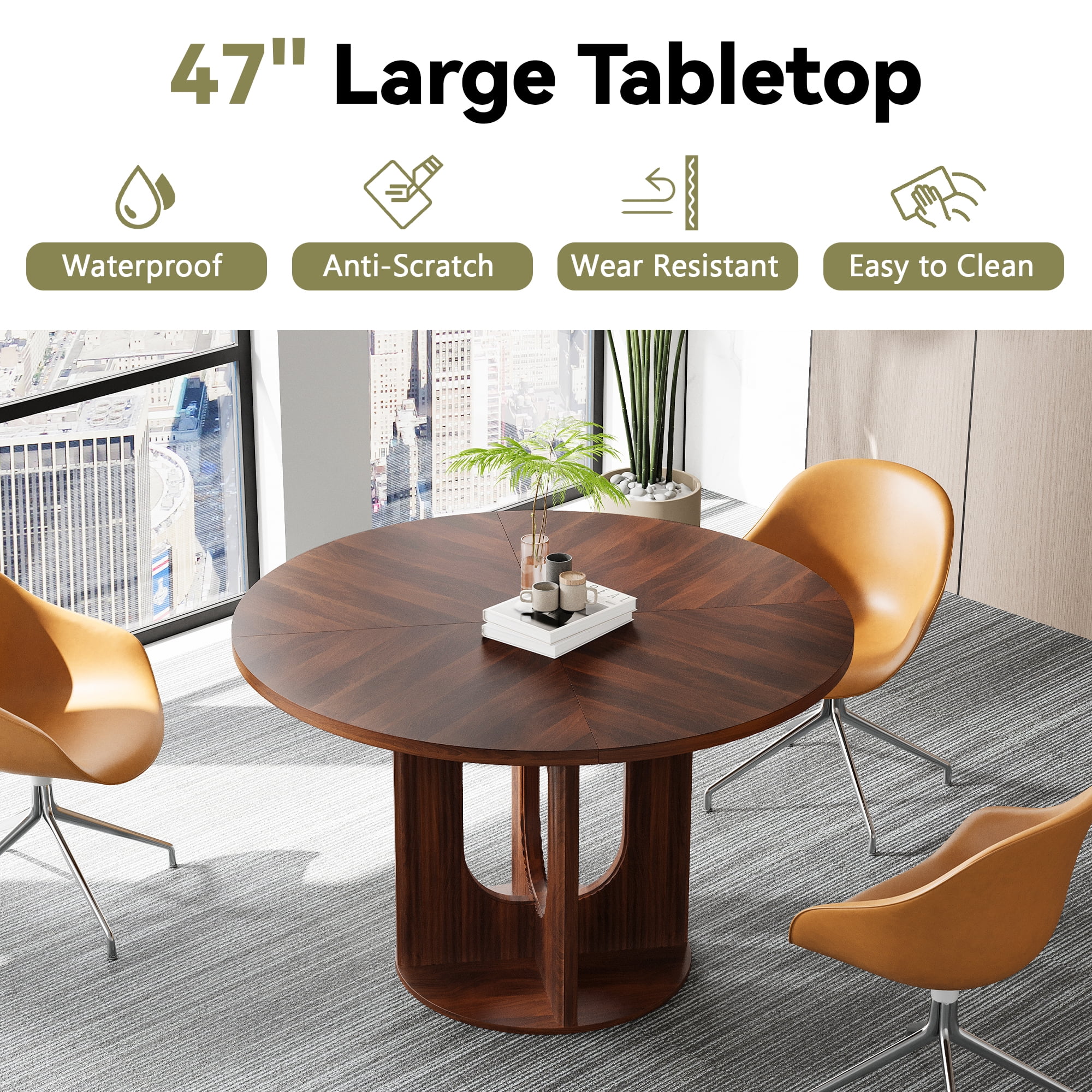 PHOYAL 47 inch Round Dining Table, Circle Kitchen Table for 4-6, Large Wood Dinner Table, Wooden Fluted Pedestal Dinning Table for Dining Room, Mid Century Modern Style, Walnut