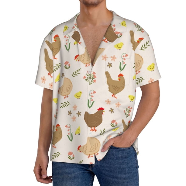 Balery Chicken Family Camisa Casual de Manga Corta con Botones para Hombre, Texturizada, Estilo Cubano, para Playa, Verano-4X-Large