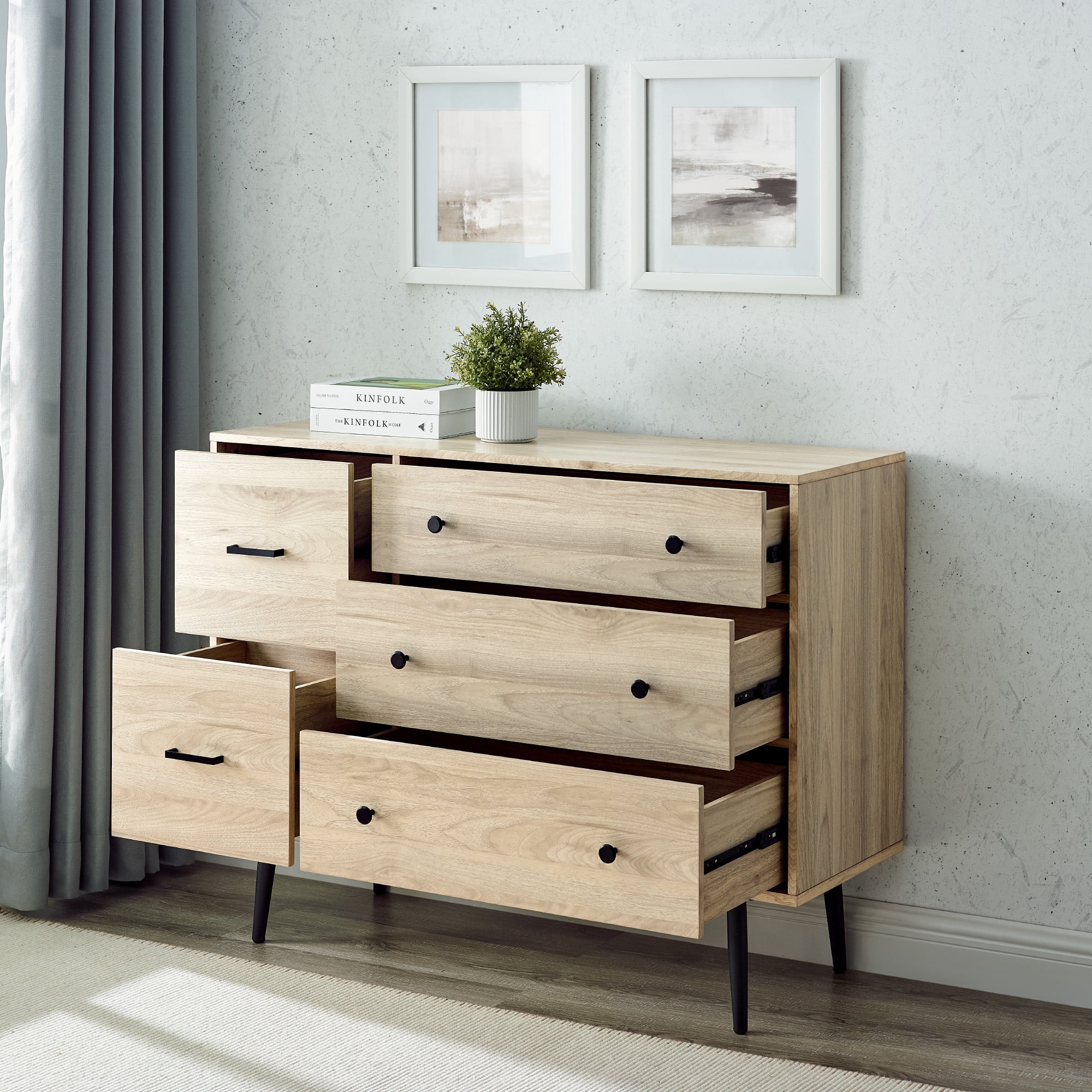 Walker Edison Modern Asymmetric 5 Drawer Wood Dresser, Birch