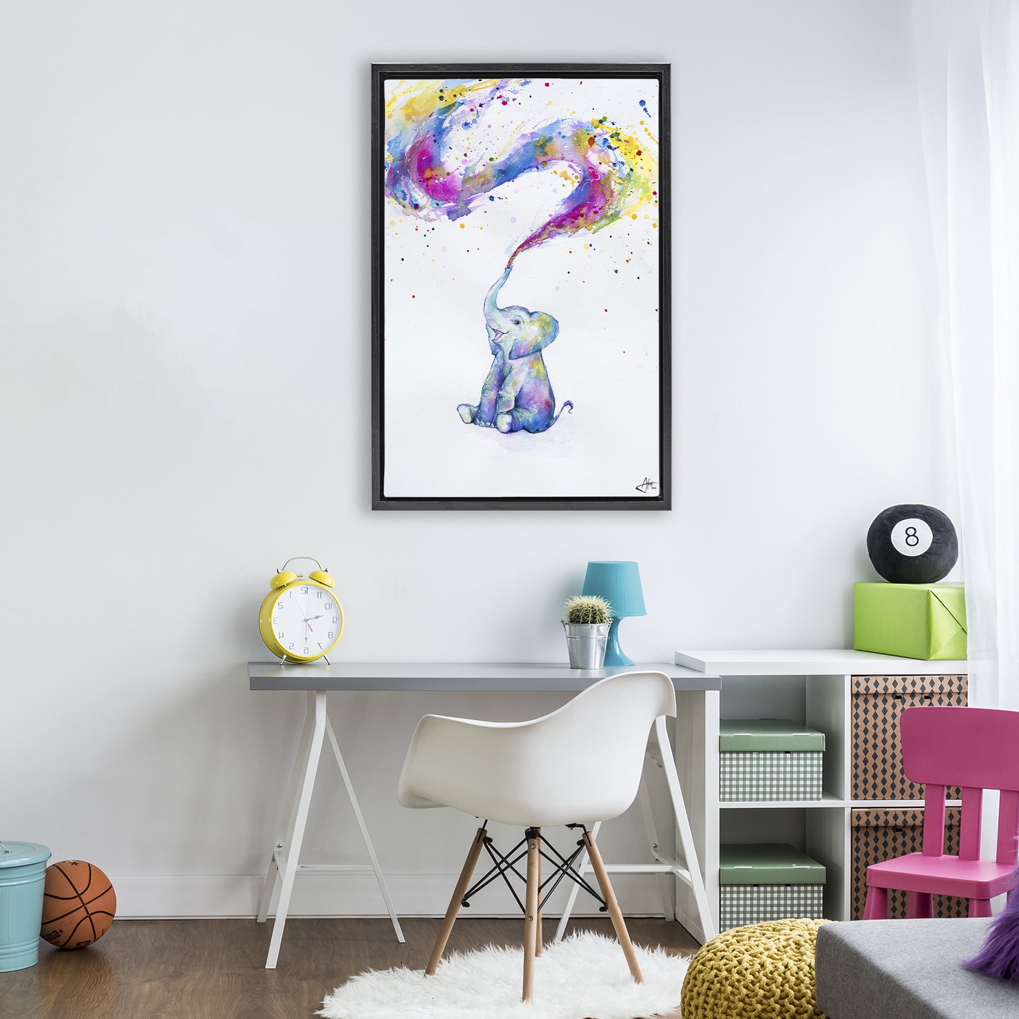 Stupell Industries Spring Elephant & Paint Splatter Black Framed Floater Canvas Wall Art, design by Marc Allante