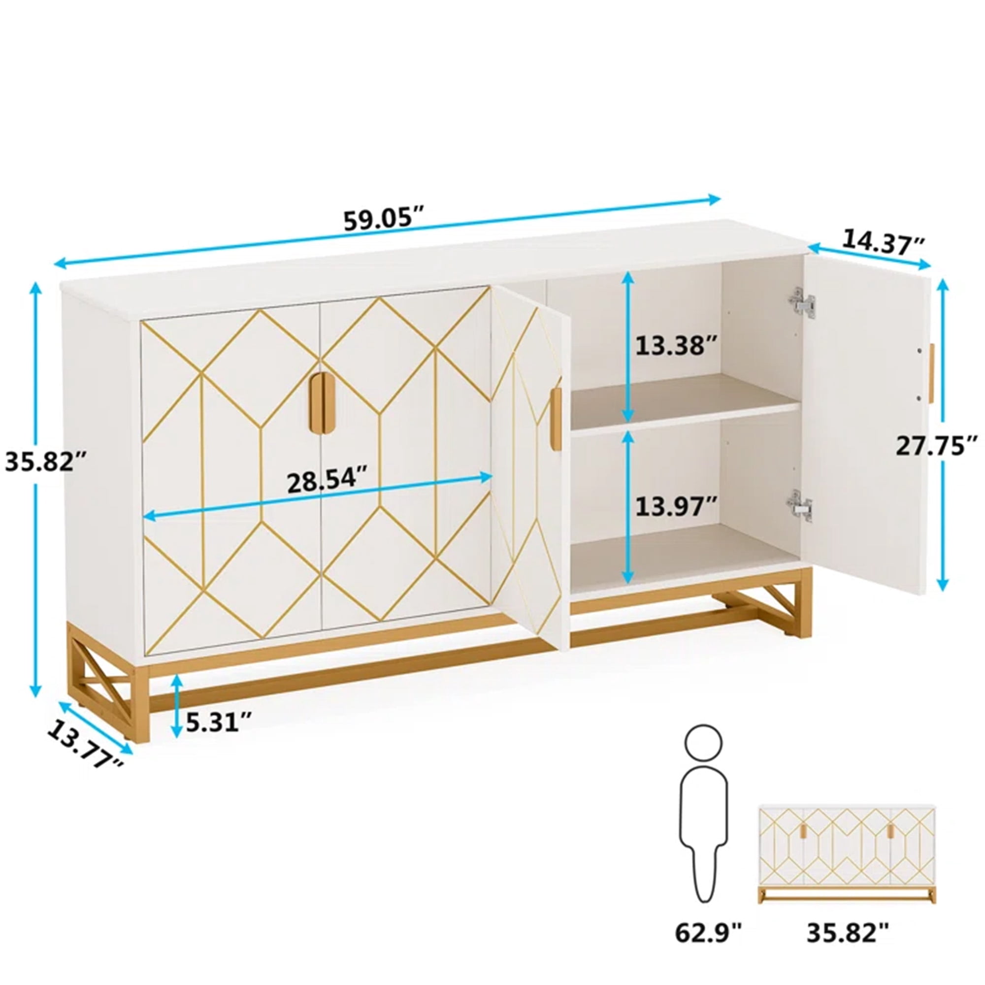 MAYEERTY Luxurious White & Gold Buffet Cabinet Modern Contemporary Stylish Design