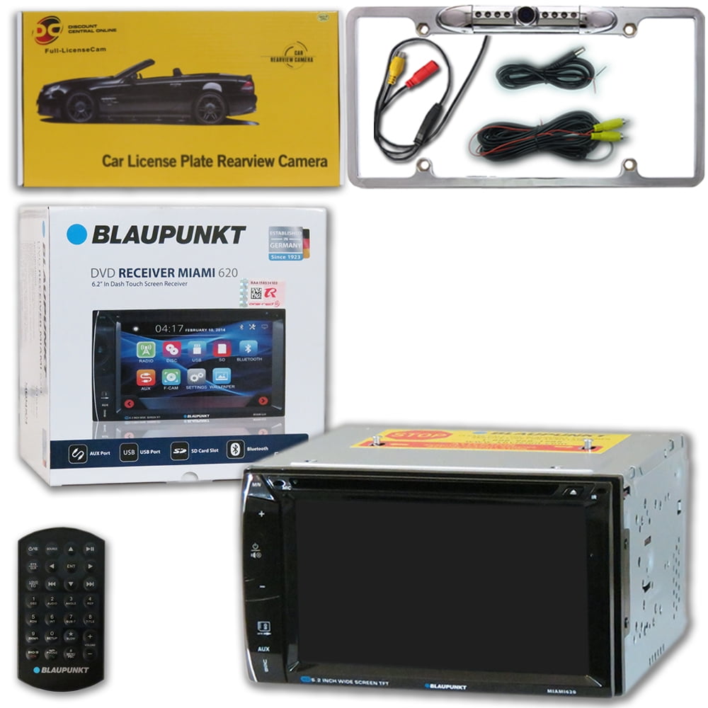 Blaupunkt MIAMI620 Car Audio Double Din 2DIN 6.2 Touchscreen DVD MP3 CD Stereo Bluetooth with DiscountCentralOnline FL09CH Full License plate Night vision Waterproof back-up camera