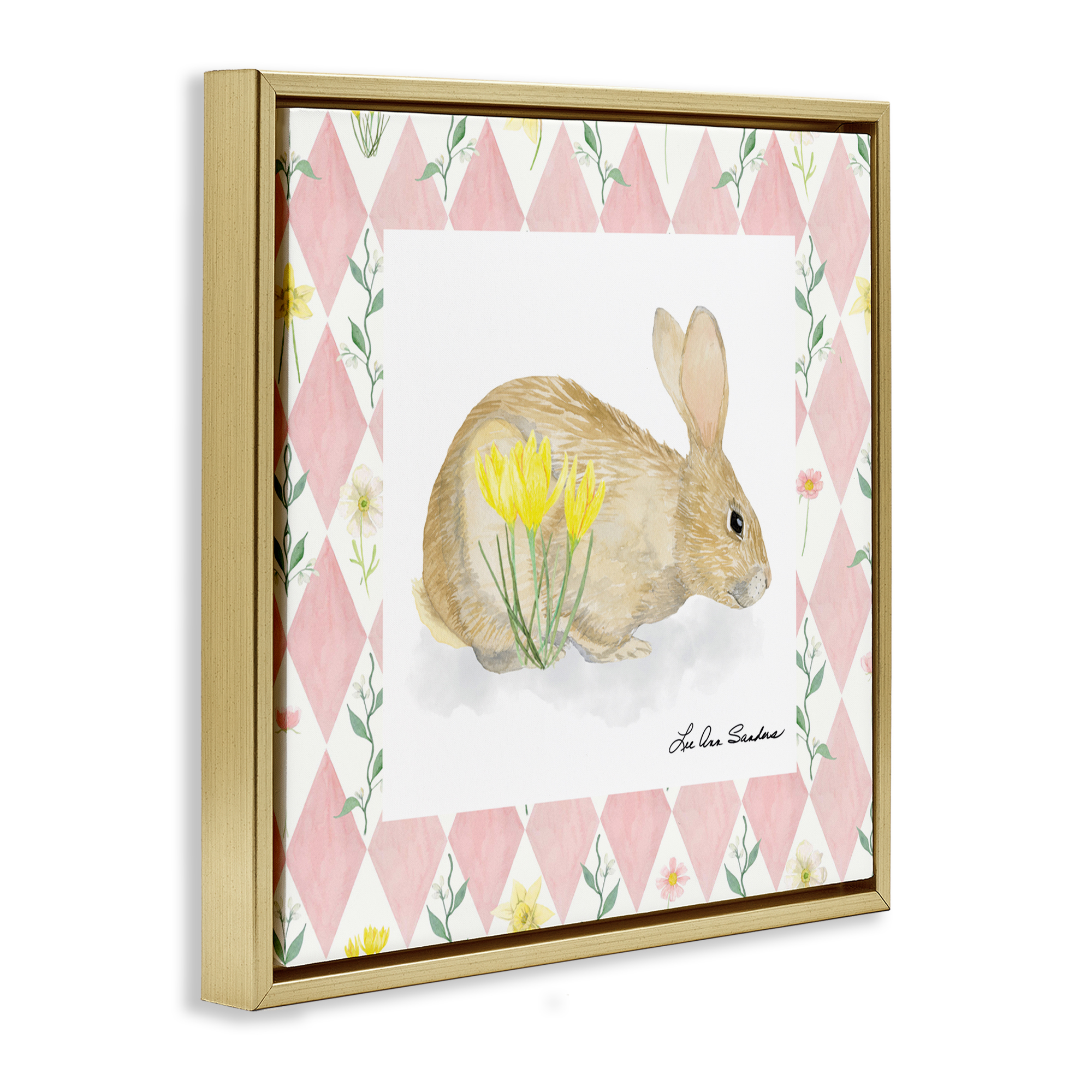 Buttercup Bunny on Pink Argyle Gold Framed Floater Canvas Wall Art, design by Lee Ann Sanders