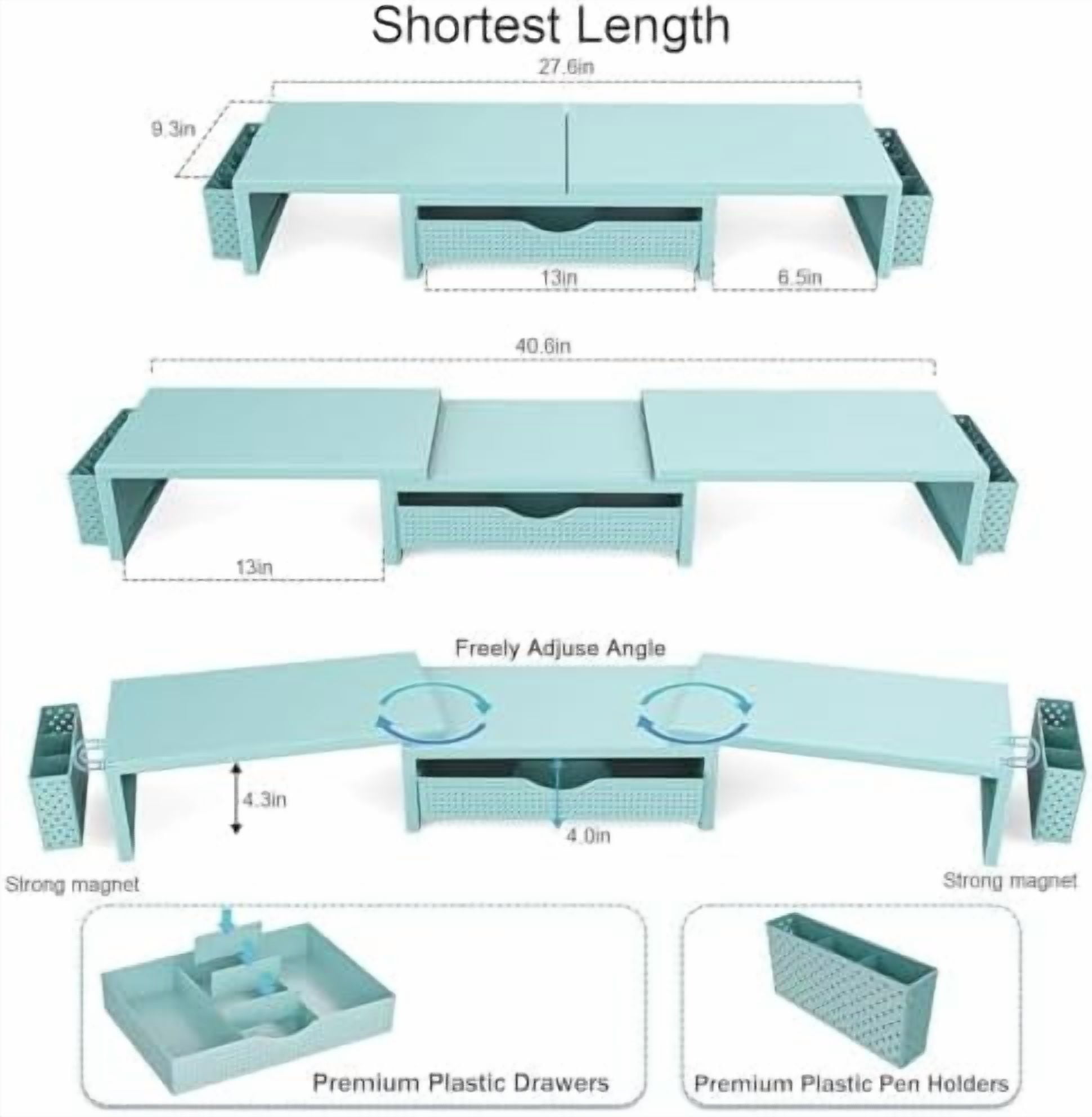 Dual Monitor Stand Riser, Desk Organizer With Drawer and 2 Pen Holders, Monitor Stand for Desk, Office Decor Essentials (Blue)