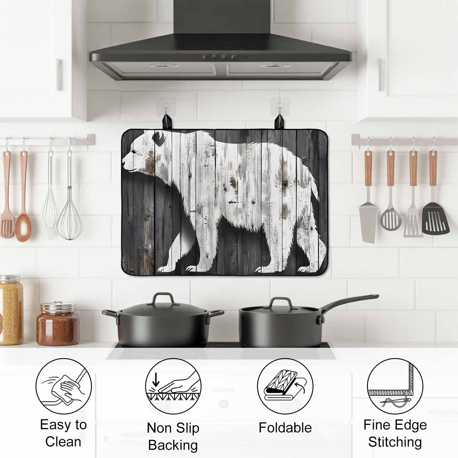 Vintage Bear Stove Top Cover for Electric Stove, Heat-proof & Non Slip Glass Top Stove Cover Protector, Retro Farmhouse Country Wooden Grain Kitchen Flat Cooktop Rubber Mat 24x21 Inches