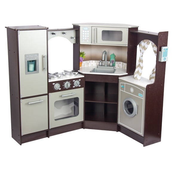 Kids House Master Chef: Cocina de Juguete para Niños, Modular Esquinada con Microondas, Lavabo, Cortinas Elegantes y Espacio de Almacenamiento Integrado